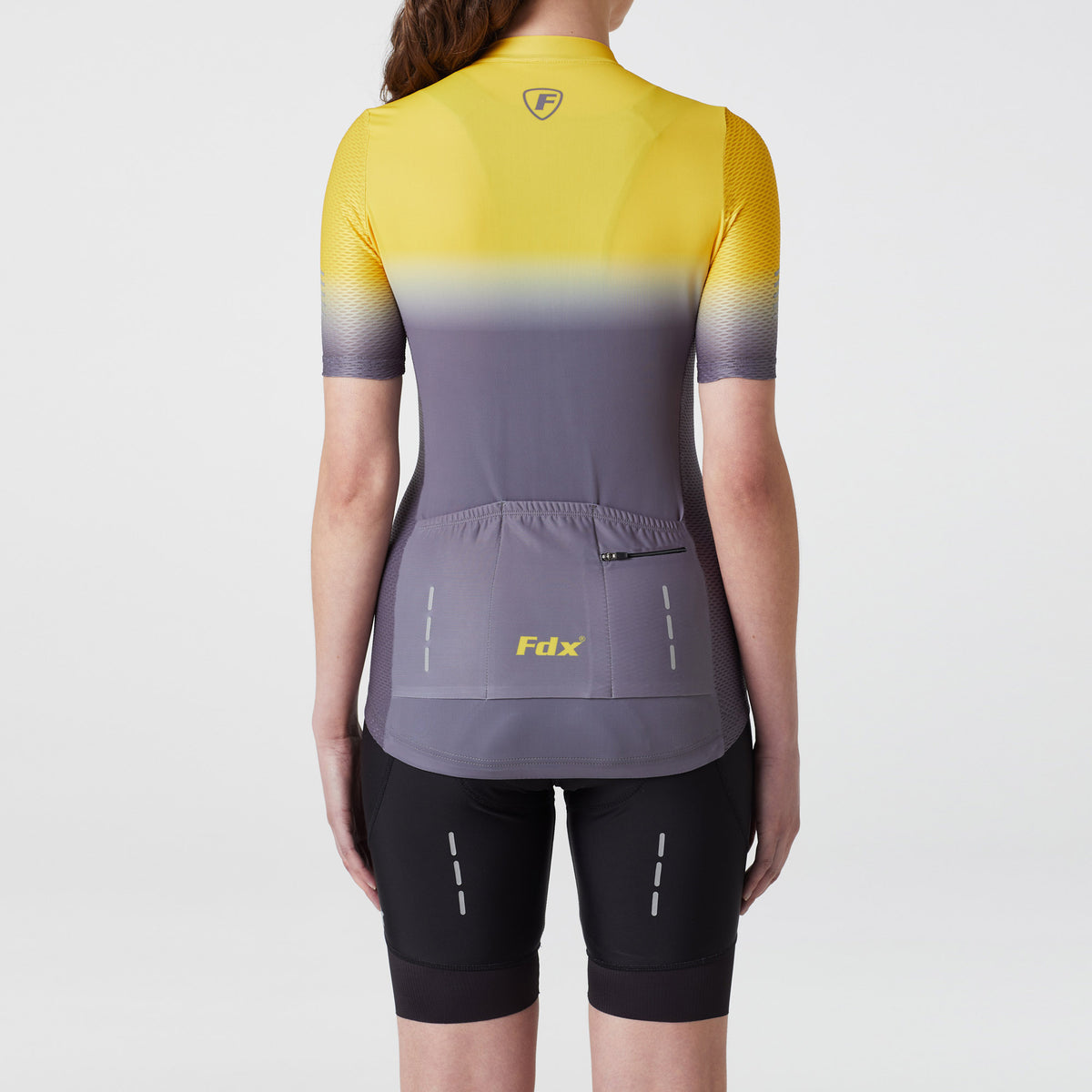Fdx Womens Yellow & Grey Short Sleeve Cycling Jersey & Gel Padded Bib Shorts Best Summer Road Bike Wear Light Weight, Hi-viz Reflectors & Pockets - Duo