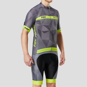 Fdx Short Sleeve Cycling Jersey & Gel Padded Bib Shorts for Mens Yellow Best Summer Road Bike Wear Light Weight, Hi-viz Reflectors & Pockets - Splinter