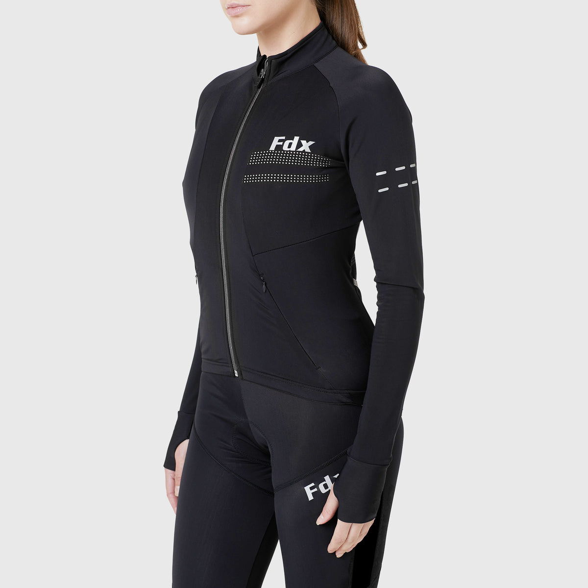 Fdx Womens Black Long Sleeve Cycling Jersey for Winter Roubaix Thermal Fleece Road Bike Wear Top Full Zipper, Pockets & Hi-viz Reflectors - Arch
