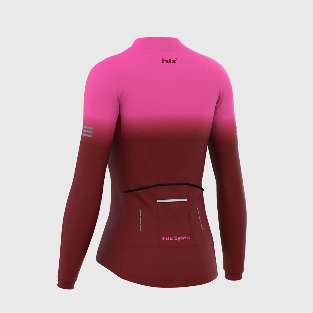 Women's Pink & Maroon Winter Cycling Suit, Windproof Thermal Super Roubaix fleece Clothing, Lightweight Set, Long Sleeve Jersey with 3D Padded Bib Tights