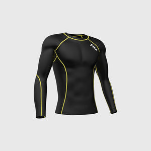 Fdx Mens Black & Yellow Long Sleeve Compression Top & Compression Tights Base Layer Gym Training Jogging Yoga Fitness Body Wear - Blitz