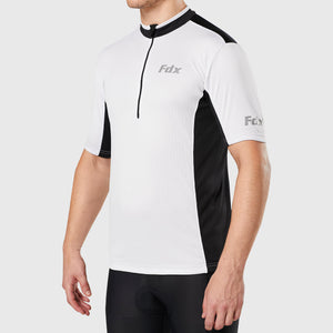 Fdx Mens Breathable White & Black Short Sleeve Cycling Jersey for Summer Best Road Bike Wear Top Light Weight, Full Zipper, Pockets & Hi-viz Reflectors - Vertex