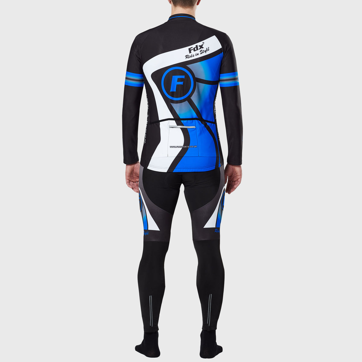 Fdx Men's Black & Blue Long Sleeve Cycling Jersey & Gel Padded Bib Tights Pants for Winter Roubaix Thermal Fleece Road Bike Wear Windproof, Hi-viz Reflectors & Pockets - Signature