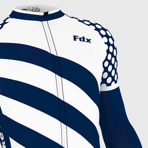 Fdx White & Blue Long Sleeve Cycling Jersey for Mens Winter Roubaix Thermal Fleece Road Bike Wear Top Full Zipper, Pockets & Hi-viz Reflectors - Equin