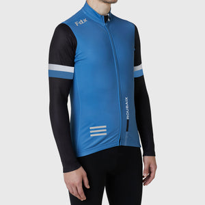 Fdx Men's Black & Blue Long Sleeve Cycling Jersey & Gel Padded Bib Tights Pants for Winter Roubaix Thermal Fleece Road Bike Wear Windproof, Hi-viz Reflectors & Pockets - Limited Edition