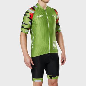 Fdx Mens Camo Green Short Sleeve Cycling Jersey & Gel Padded Bib Shorts Best Summer Road Bike Wear Light Weight, Hi-viz Reflectors & Pockets - Camouflage
