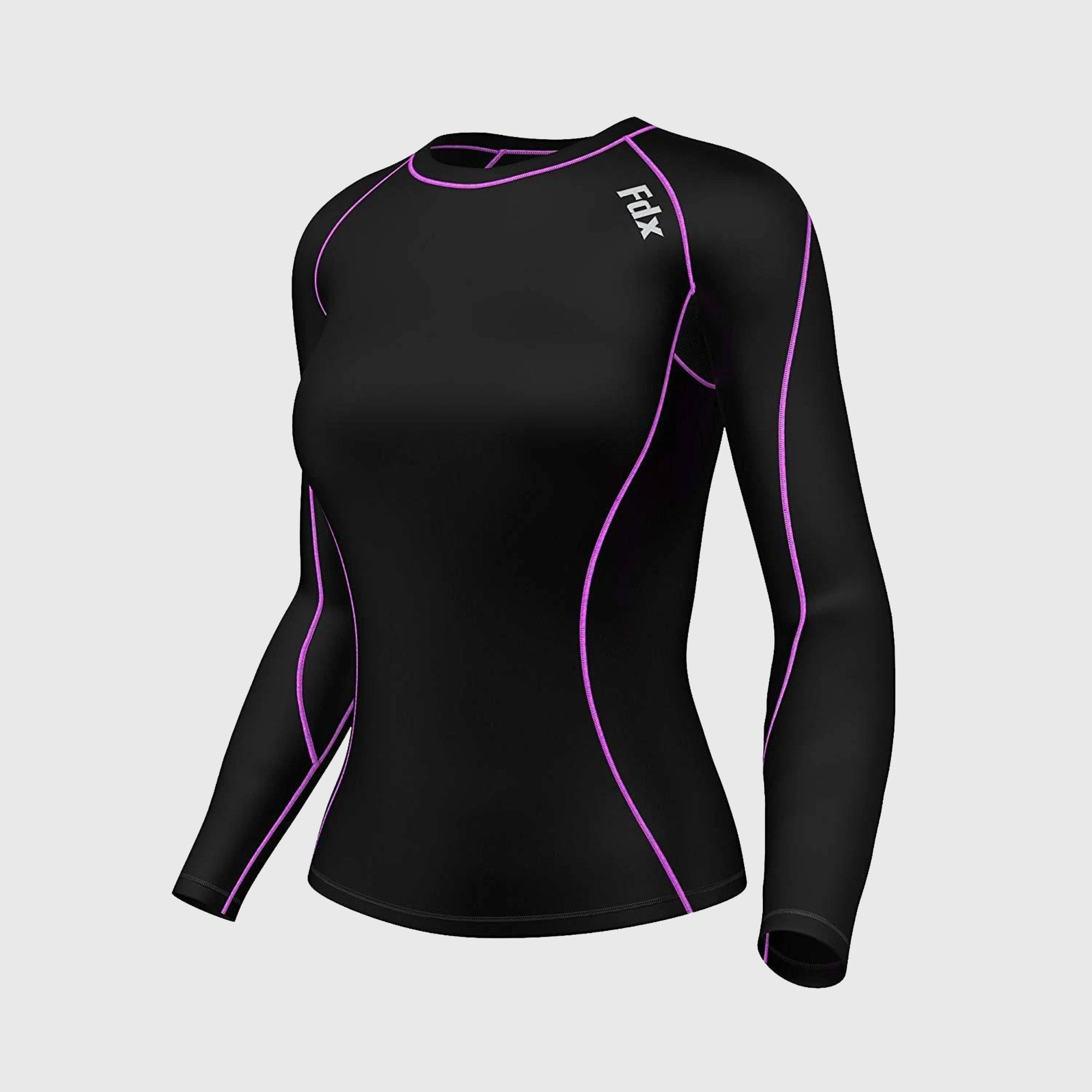 Fdx Women's Purple 7 Black Long Sleeve Ultralight Compression Top Running Gym Workout Wear Rash Guard Stretchable Breathable Quick Dry - Monarch