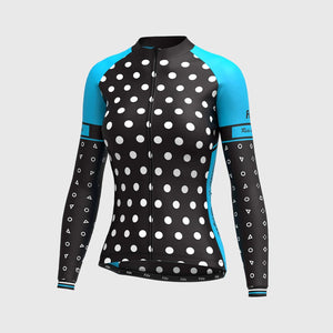 Women's Black & Blue Long Sleeve Cycling Jersey & Gel Padded Bib Tights Pants for Winter Roubaix Thermal Fleece Road Bike Wear Windproof, Hi-viz Reflectors & Pockets - Polka Dots