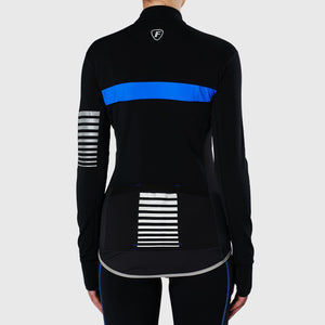 Women's Black & Blue Winter Cycling Suit, Windproof warm Roubaix fleece Clothing, Lightweight bike Set thumb whole cuffs, Long Sleeve Jersey with 3D Padded Bib Tights