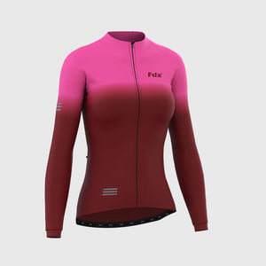 Fdx Women's Pink & Maroon Long Sleeve Cycling Jersey & Cushion Padded Bib Tights Pants for Winter Roubaix Thermal Fleece Road Bike Wear Windproof, Hi viz Reflectors & Pockets - Duo