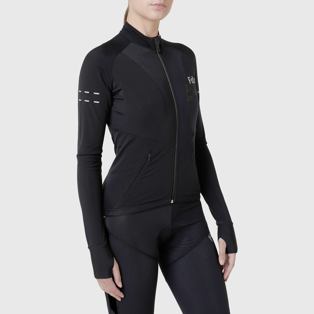 Fdx Womens Black Long Sleeve Cycling Jersey for Winter Roubaix Thermal Fleece Road Bike Wear Top Full Zipper, Pockets & Hi-viz Reflectors - Arch