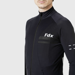 Fdx Men's Black Long Sleeve Cycling Jersey & Gel Padded Bib Tights Pants for Winter Roubaix Thermal Fleece Road Bike Wear Windproof, Hi-viz Reflectors & Pockets - Arch