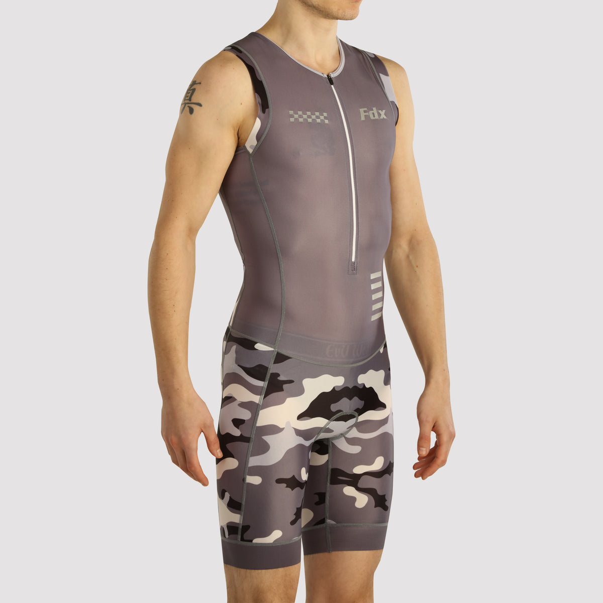 Fdx Mens Grey Sleeveless Gel Padded Triathlon / Skin Suit for Summer Cycling Wear, Running & Swimming Half Zip - Camouflage