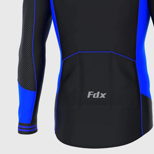 Fdx Mens Pockets Blue & Black Long Sleeve Cycling Jersey for Winter Roubaix Thermal Fleece Road Bike Wear Top Full Zipper, Pockets & Hi-viz Reflectors - Thermodream