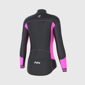 Fdx Women's Long Sleeve Cycling Jersey Pink & Black Reflective Details Hi-Vis Logo Long Collar Storage Back Pockets Windproof Road Wear Long Tail Thermodream UK