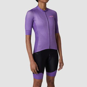 Fdx  Best Women's Short Sleeve Cycling Jersey Purple & Gel Padded Bib Shorts Summer Road Bike Wear Light Weight, Hi viz Reflectors & Pockets - Essential