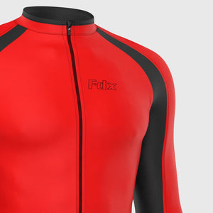 Fdx Mens Warm Long Sleeve Cycling Jersey Black & Red for Winter Roubaix Thermal Fleece Road Bike Wear Top Full Zipper, Pockets & Hi-viz Reflectors - Transition