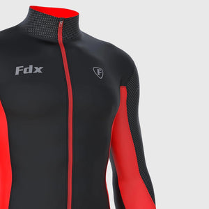 Fdx Mens Red & Black Road Cycling Long Sleeve Jersey for Winter Roubaix Thermal Fleece Road Bike Wear Top Full Zipper, Pockets & Hi-viz Reflectors - Thermodream