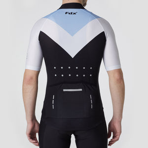 Fdx Reflective Mens Blue & Black Short Sleeve Cycling Jersey for Summer Best Road Bike Wear Top Light Weight, Full Zipper, Pockets & Hi-viz Reflectors - Velos