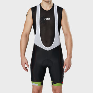 Fdx Mens Green Short Sleeve Cycling Jersey & Gel Padded Bib Shorts Best Summer Road Bike Wear Light Weight, Hi-viz Reflectors & Pockets - Camouflage