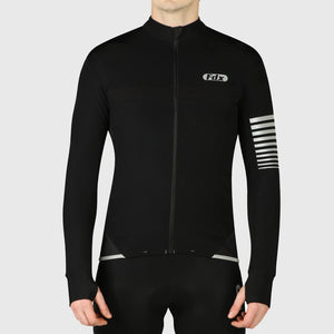 Fdx Mens Thermal Long Sleeve Cycling Jersey Black for Winter Roubaix Warm Fleece Road Bike Wear Top Full Zipper, Pockets & Hi-viz Reflectors - All Day