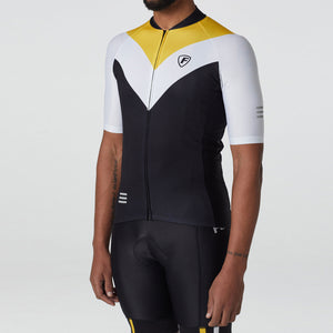 Fdx Short Sleeve Cycling Jersey for Mens Yellow & Black Summer Best Road Bike Wear Top Light Weight, Full Zipper, Pockets & Hi-viz Reflectors - Velos