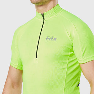 Fdx Mens Yellow Short Sleeve Cycling Jersey for Summer Best Road Bike Wear Top Light Weight, Half Zipper, Pockets & Hi-viz Reflectors - Pace