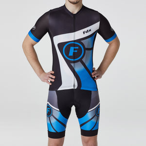 Fdx Mens Blue Short Sleeve Cycling Jersey & Gel Padded Bib Shorts Best Summer Road Bike Wear Light Weight, Hi-viz Reflectors & Pockets - Signature