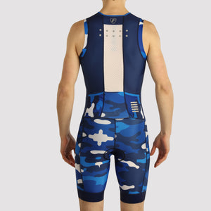 Fdx Mens Blue Sleeveless Gel Padded Triathlon / Skin Suit for Summer Cycling Wear, Running & Swimming Half Zip Reflective Suit- Camouflage
