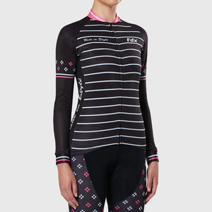 FDX Women’s Black & Pink full sleeves cycling jersey Windproof Thermal fleece Roubaix Winter Cycle Tops, lightweight long sleeves Warm lined shirt for biking