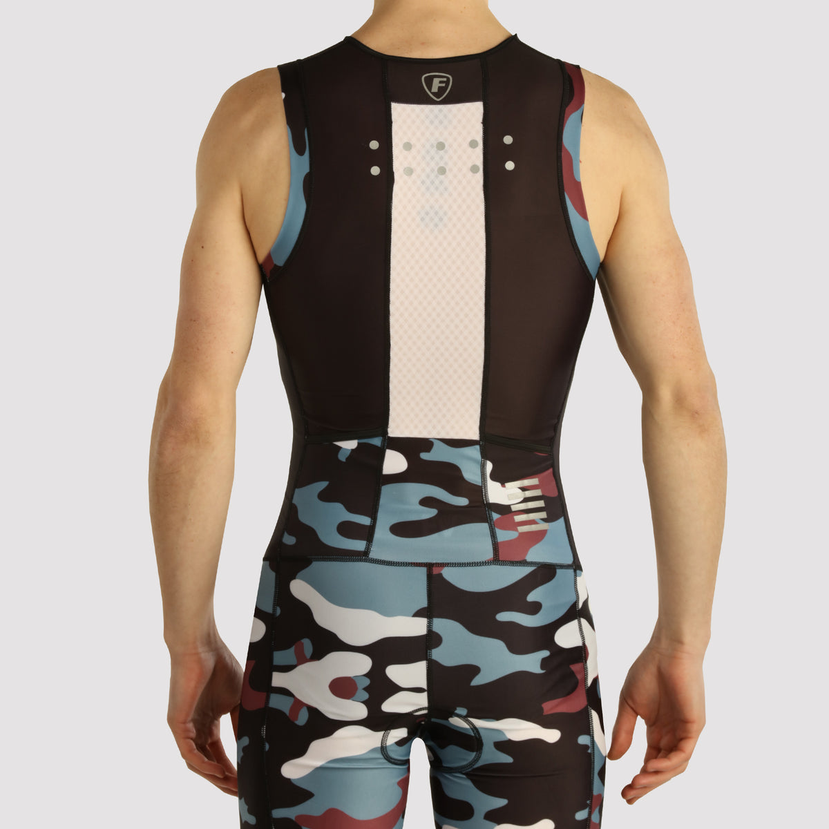 Fdx Mens Black Sleeveless Gel Padded Triathlon / Skin Suit for Summer Cycling Wear, Running & Swimming Half Zip - Camouflage