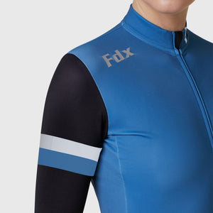 Fdx Women's Black & Blue Long Sleeve Cycling Jersey for Winter Roubaix Thermal Fleece Road Bike Wear Windproof, Hi viz Reflectors & Pockets - Limited Edition