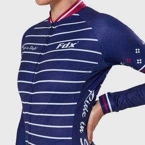 Fdx Womens Navy Blue Long Sleeve Cycling Jersey for Winter Roubaix Thermal Fleece Road Bike Wear Top Full Zipper, Pockets & Hi-viz Reflectors - Ripple