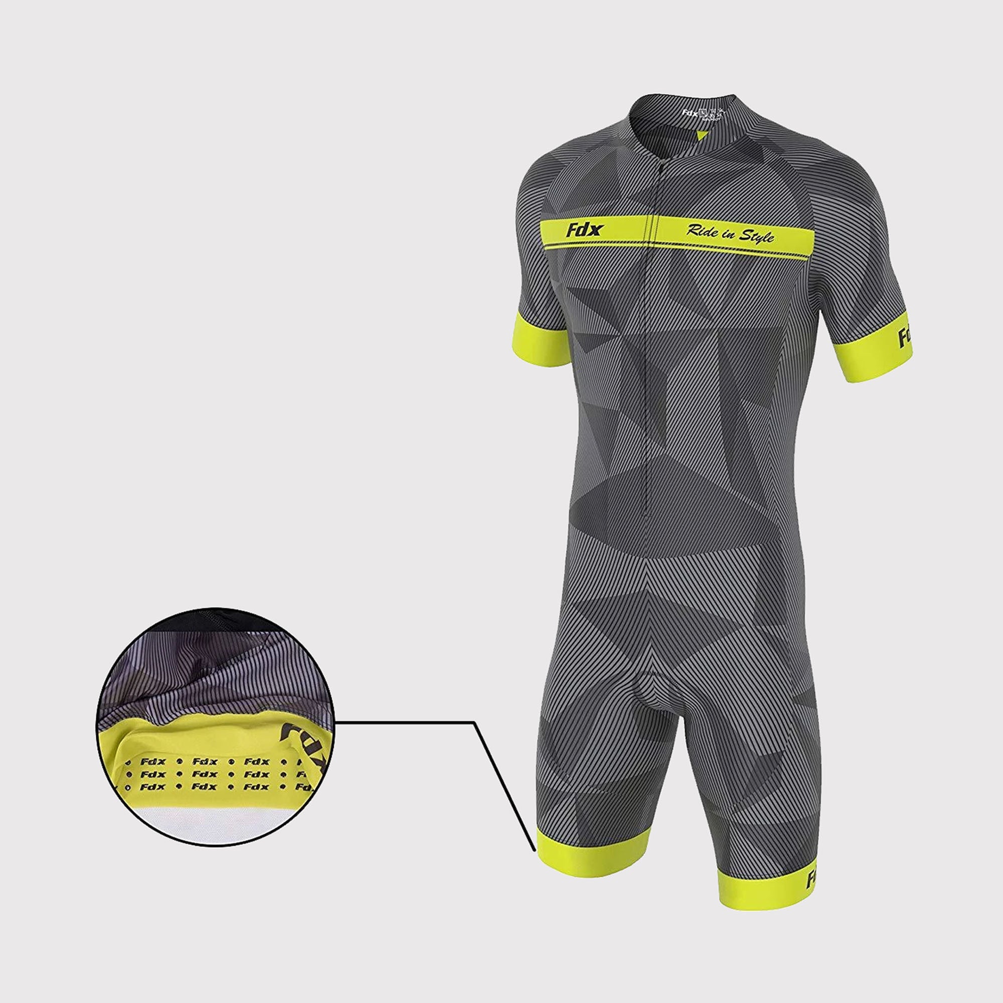 Fdx Mens Yellow Short Sleeve Gel Padded Triathlon / Skin Suit for Summer Cycling Wear, Running & Swimming Half Zip - Splinter