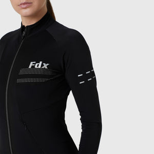 Fdx Black Women's Long Sleeve Cycling Jersey for Winter Roubaix Thermal Fleece Road Bike Wear Windproof, Hi viz Reflectors & Pockets - Arch