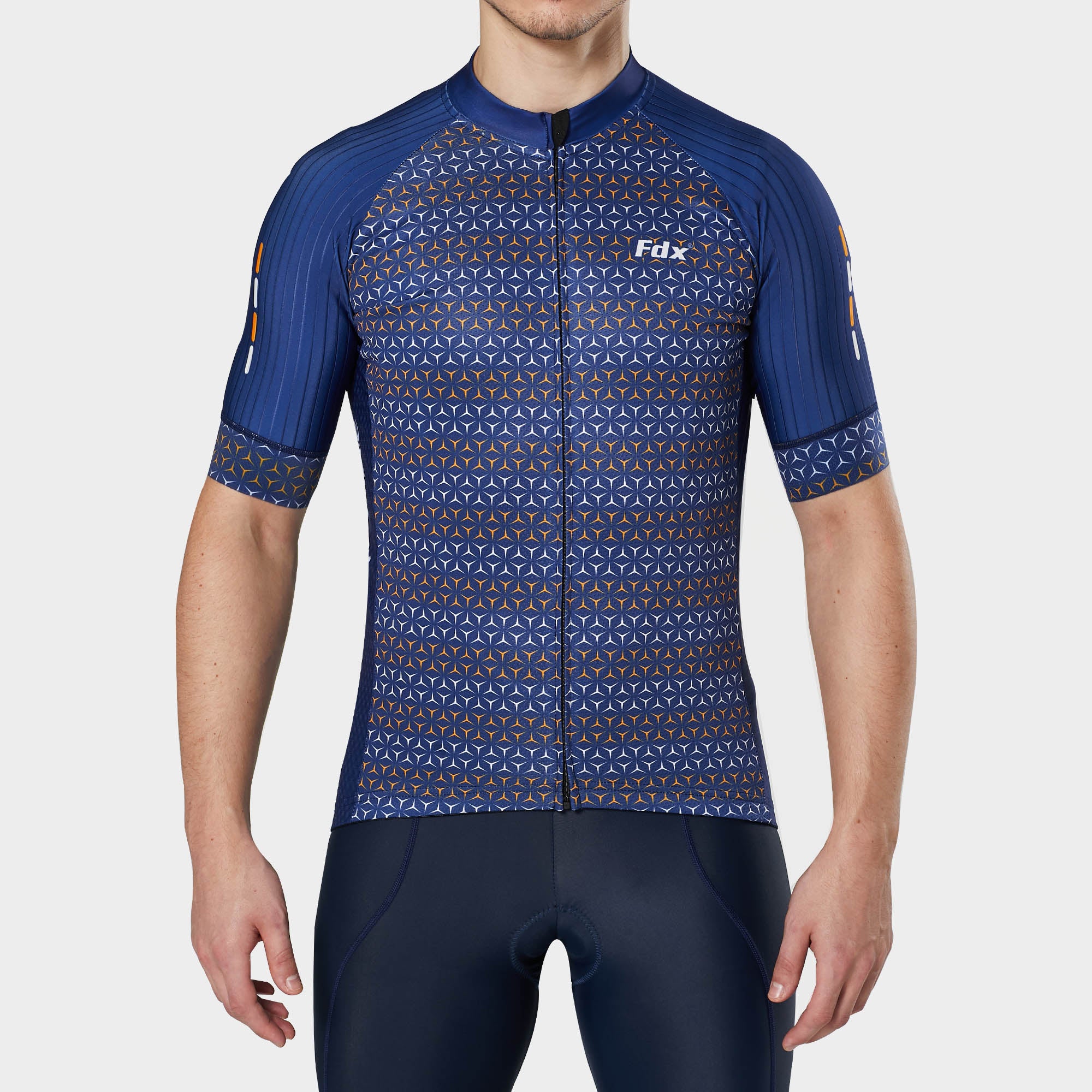 Fdx Mens Blue Short Sleeve Cycling Jersey for Summer Best Road Bike Wear Top Light Weight, Full Zipper, Pockets & Hi-viz Reflectors - Vega