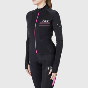 Fdx Women's Black & Pink Long Sleeve Cycling Jersey for Winter Roubaix Thermal Fleece Road Bike Wear Top Full Zipper, Pockets & Hi-viz Reflectors - Arch