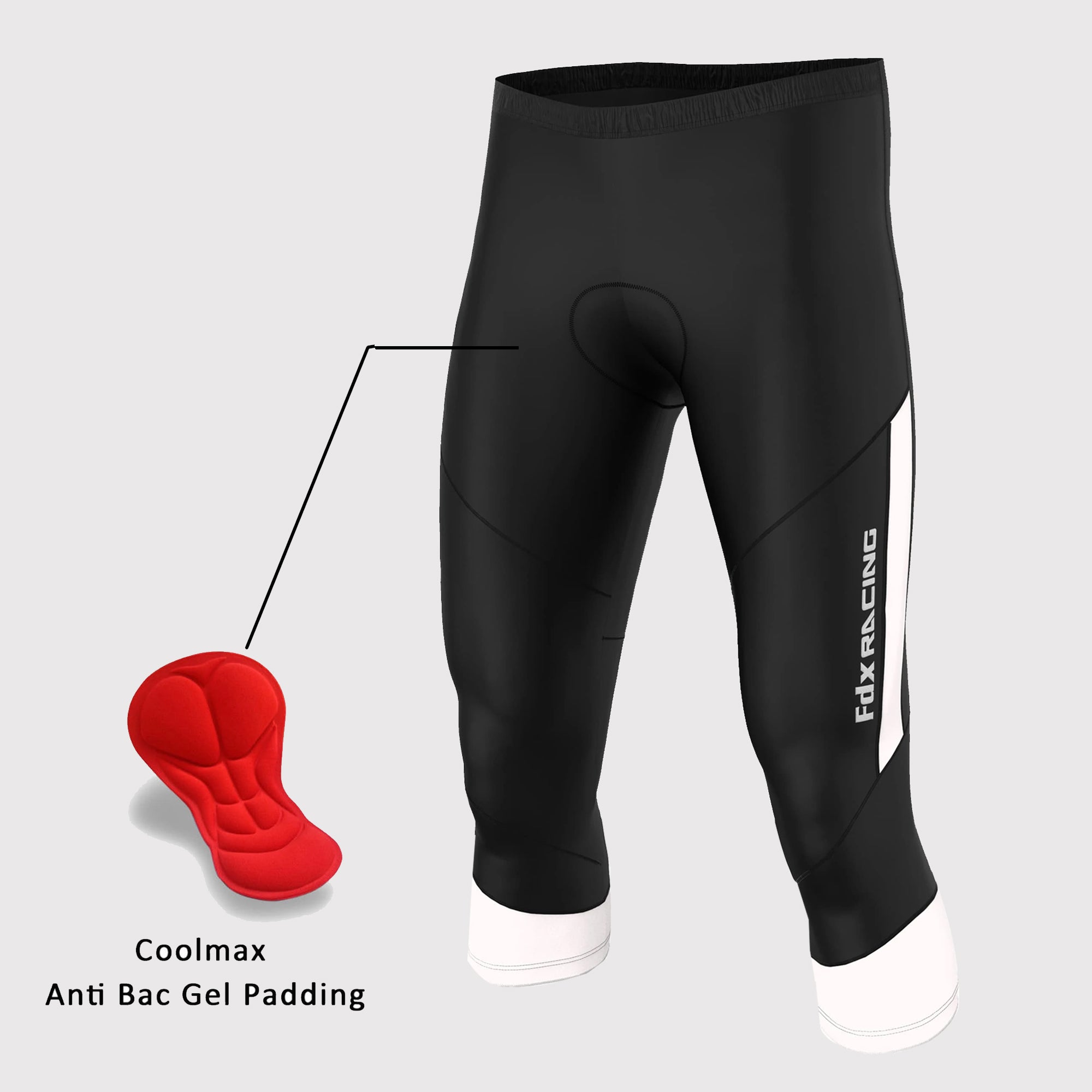 Fdx Mens Black & White Gel Padded 3/4 Cycling Shorts for Summer Best Outdoor Knickers Road Bike Short Length Pants - Gallop