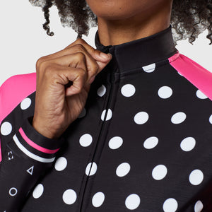 Fdx Women's Best Black & Pink Long Sleeve Cycling Jersey for Winter Roubaix Thermal Fleece Road Bike Wear Top Full Zipper, Pockets & Hi viz Reflectors - Polka Dots