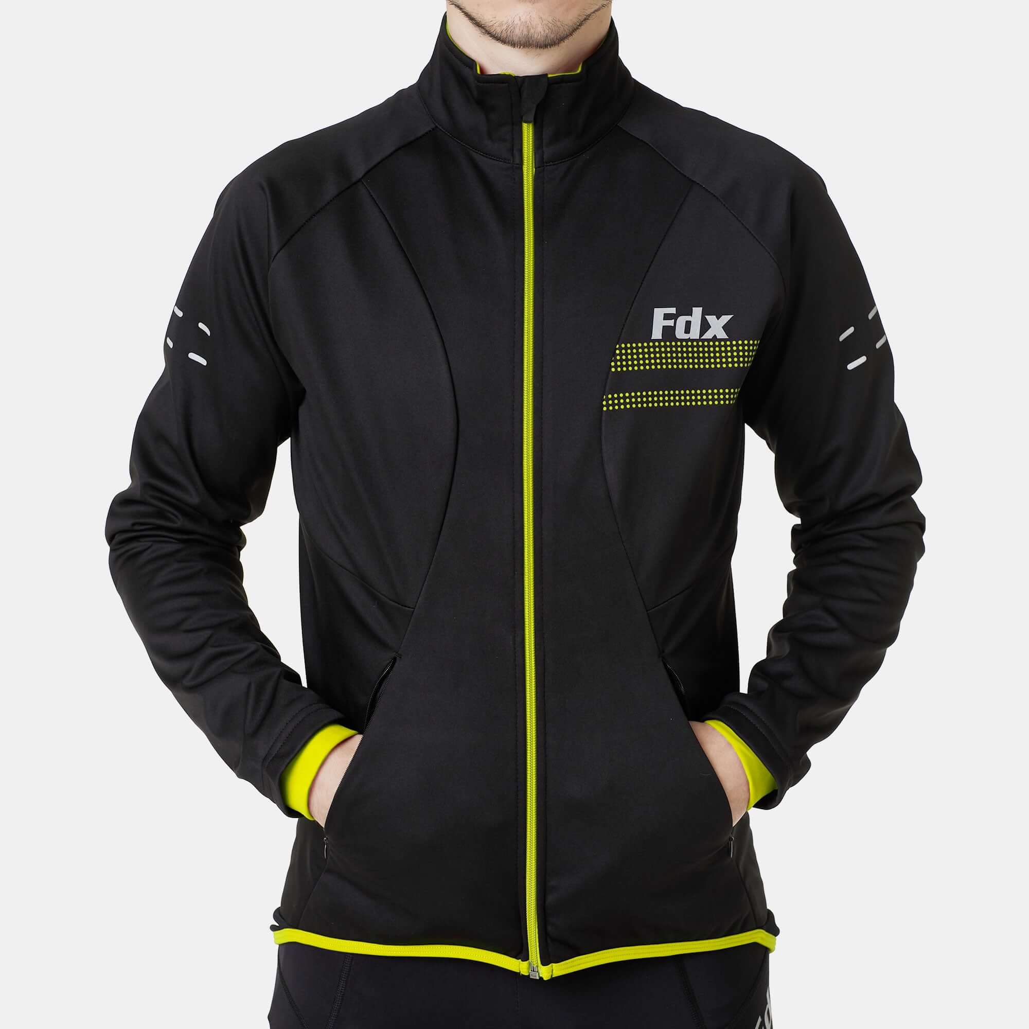 Fdx Mens Black & Fluorescent Cycling Jacket for Winter Thermal Casual Softshell Clothing Lightweight, Windproof, Waterproof & Pockets - Arch