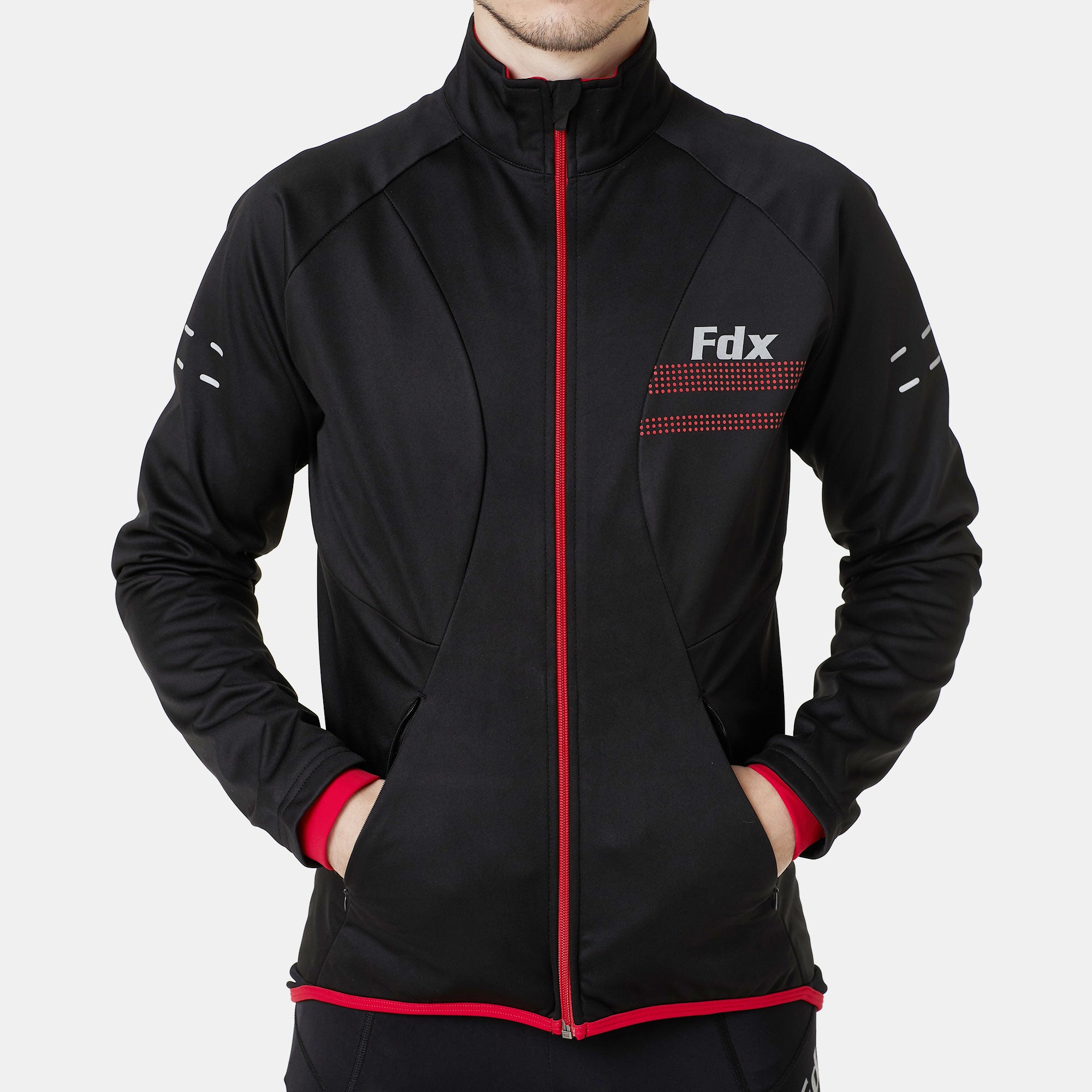 Fdx Mens Black & Red Cycling Jacket for Winter Thermal Casual Softshell Clothing Lightweight, Windproof, Waterproof & Pockets - Arch