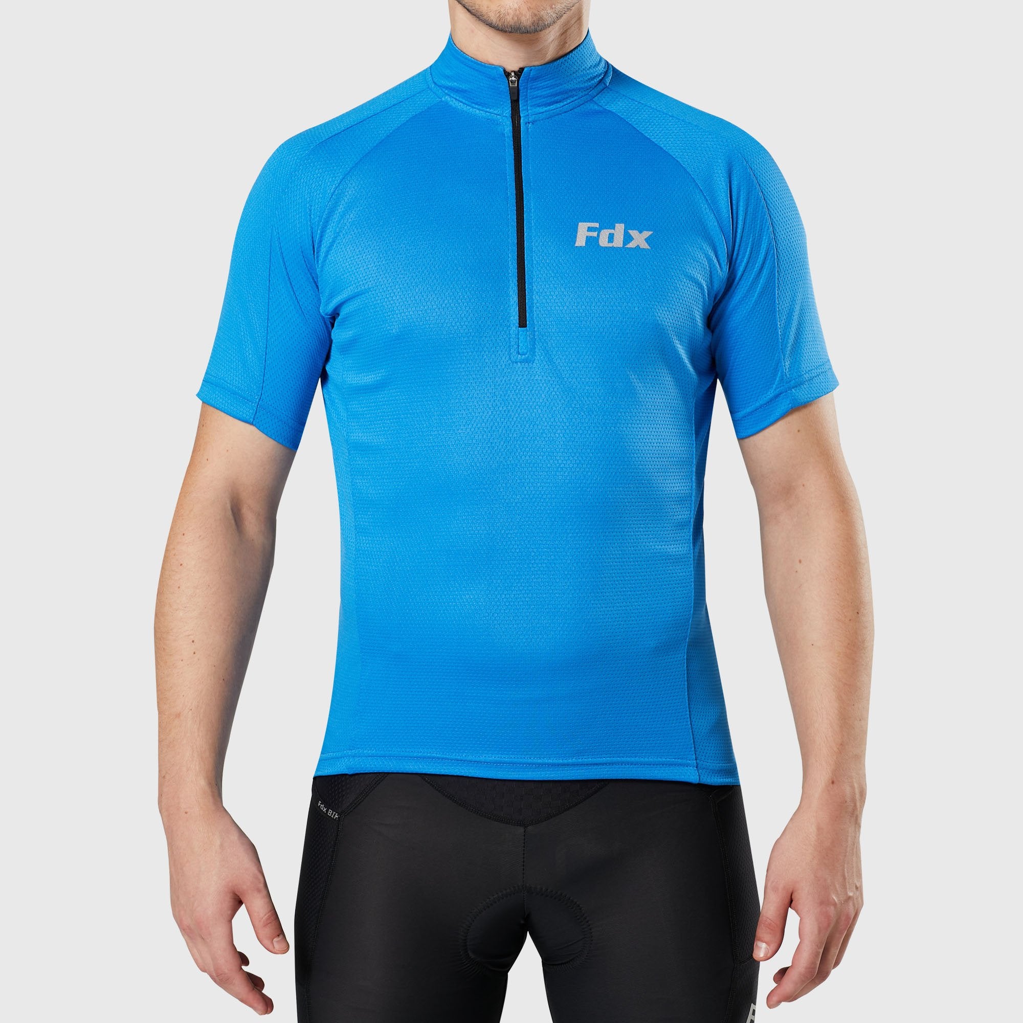 Fdx Mens Blue Short Sleeve Cycling Jersey for Summer Best Road Bike Wear Top Light Weight, Full Zipper, Pockets & Hi-viz Reflectors - Pace