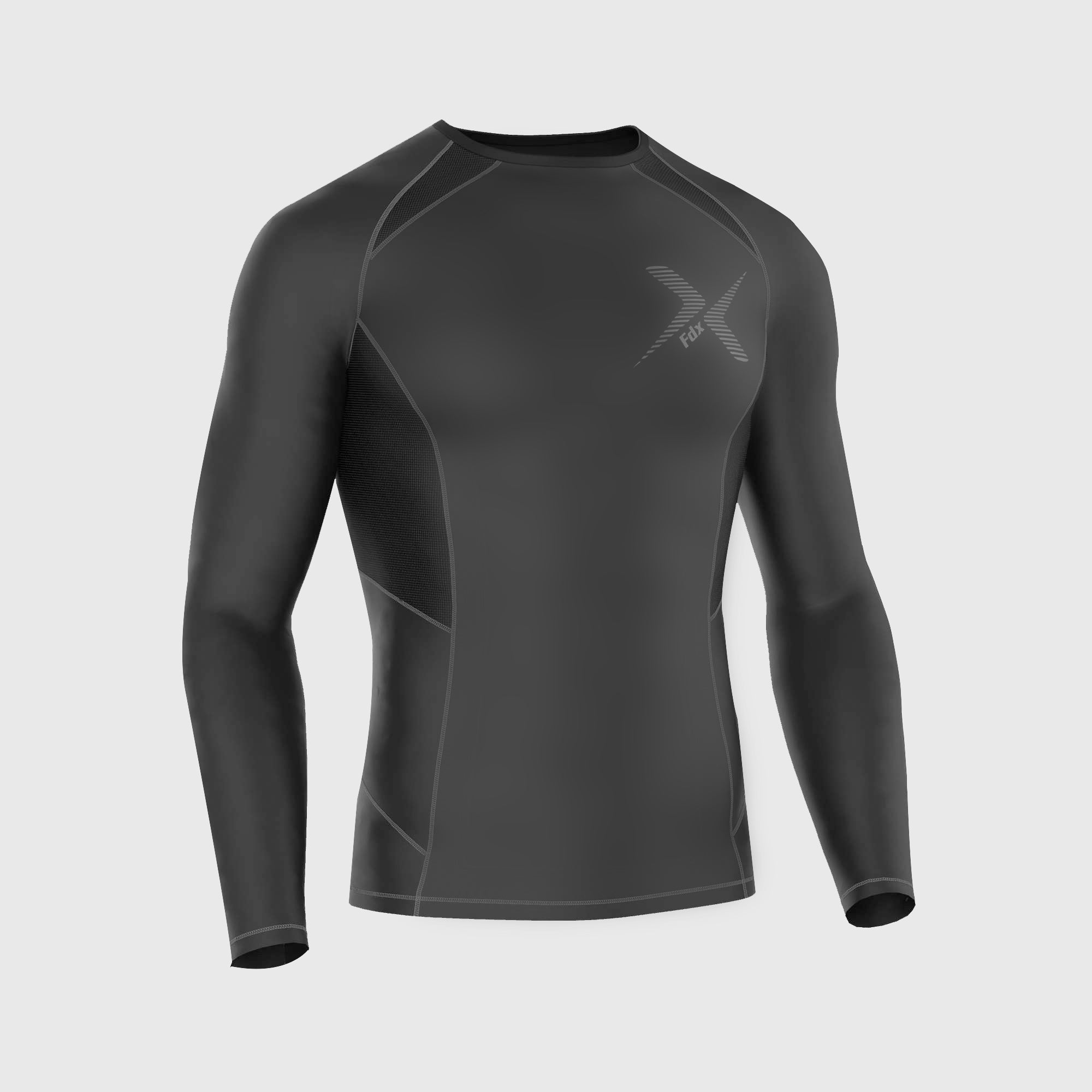 Fdx Mens Black & Grey Long Sleeve Compression Top & Compression Tights Base Layer Gym Training Jogging Yoga Fitness Body Wear - Recoil