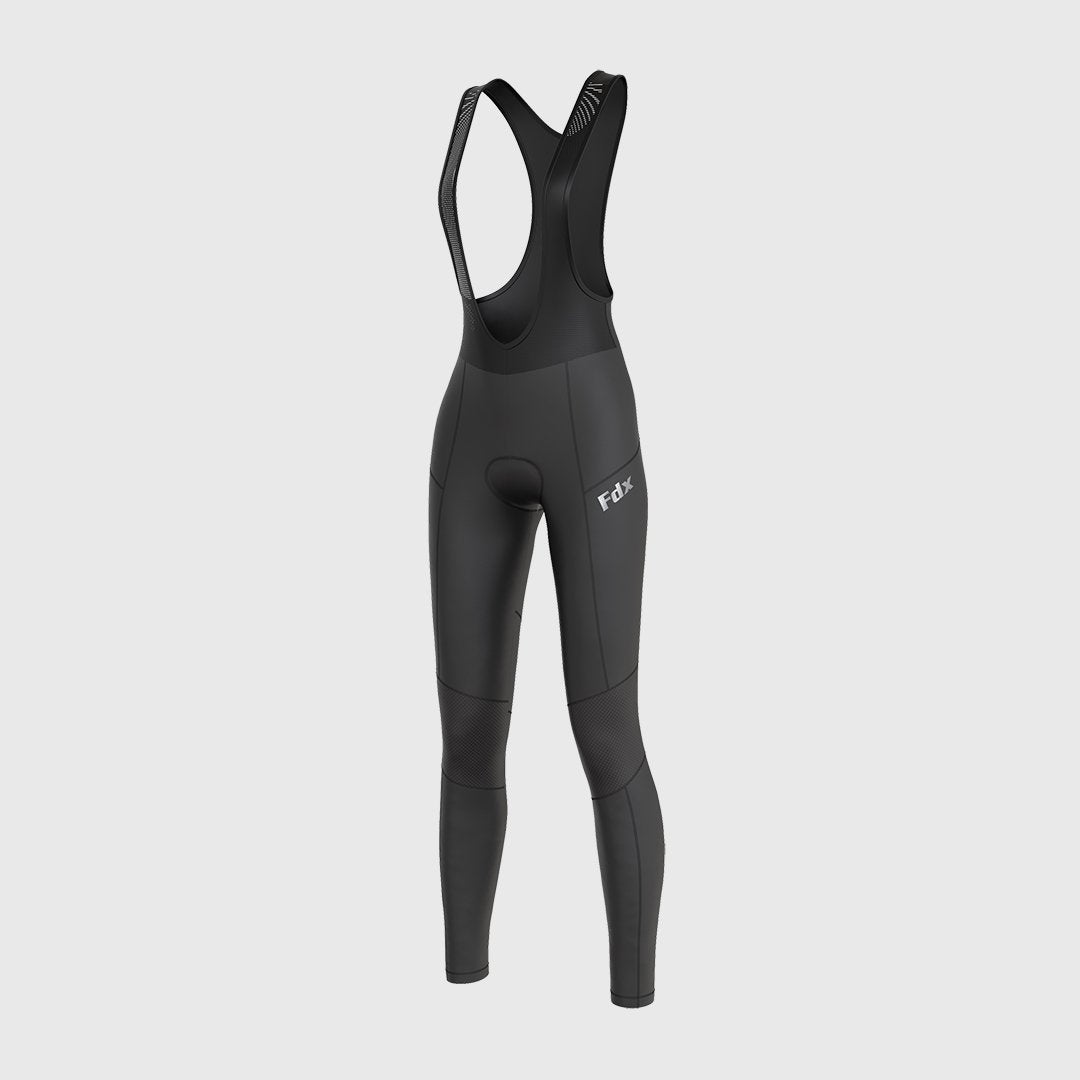 Fdx Women's Black Foam Padded Bib Tights Pants for Winter Roubaix Thermal Fleece Road Bike Wear Windproof, Hi viz Reflectors, Back Mesh & Pockets - Duo