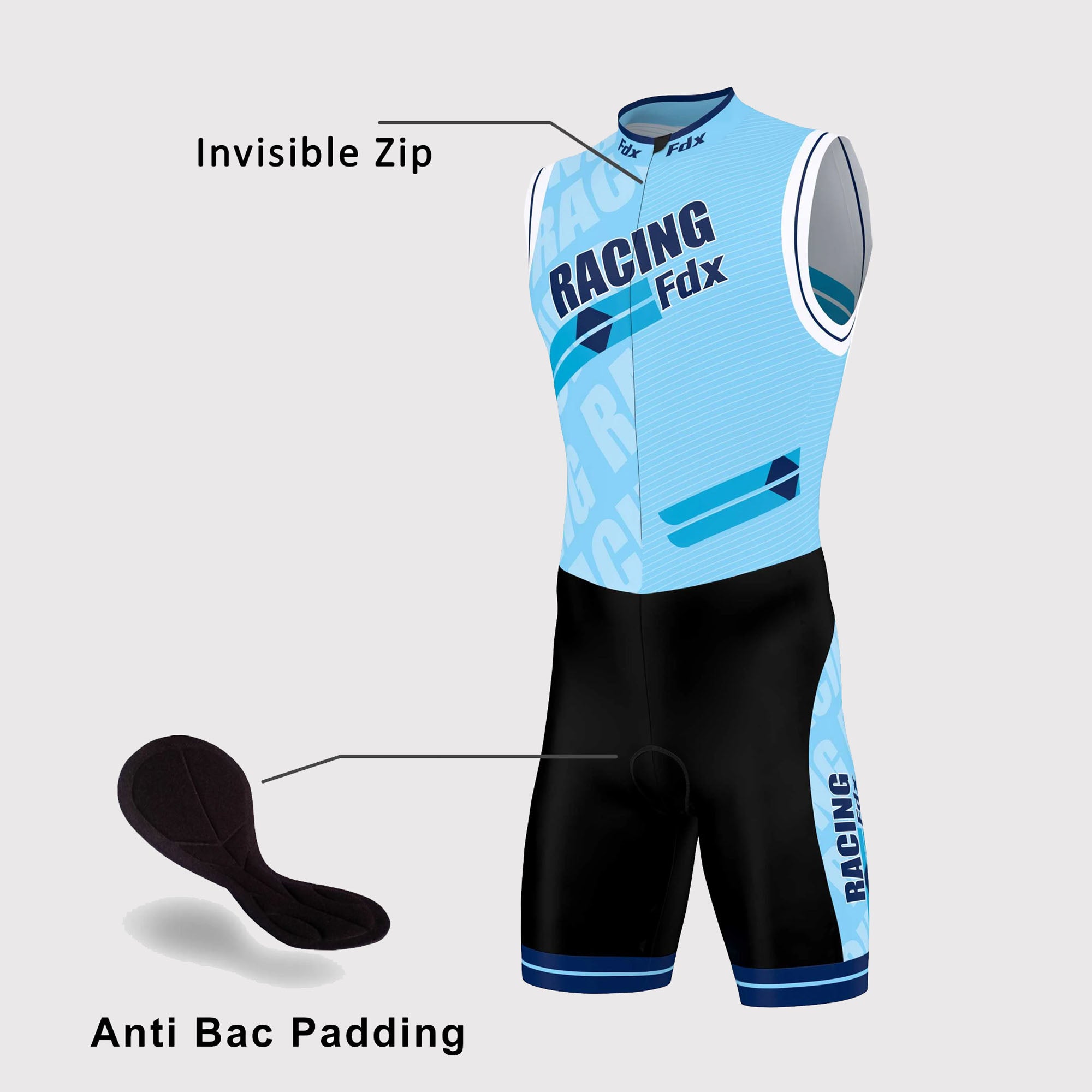 Fdx Mens Black & Blue Sleeveless Gel Padded Triathlon / Skin Suit for Summer Cycling Wear, Runnung & Swimming Half Zip - Core