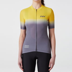 Fdx Women's Yellow & Grey Short Sleeve Cycling Jersey Breathable Quick Dry Mesh Fleece Full Zip Hi Viz Reflectors & Pockets Summer Cycling Gear UK