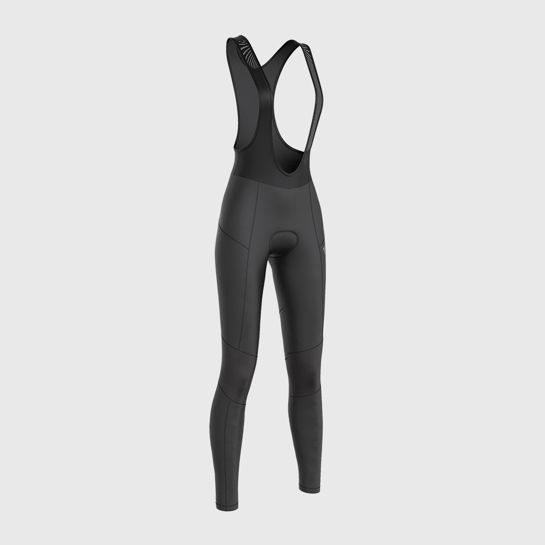 Fdx Black Women's Cushion Padded Bib Tights Pants for Winter Roubaix Thermal Fleece Lightweight, water Resistance Road Bike Wear Windproof, Hi viz Reflectors & Pockets - Duo