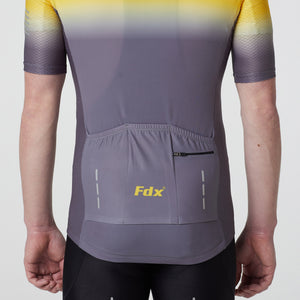 Fdx Mens Storage Pockets Yellow & Grey Short Sleeve Cycling Jersey for Summer Best Road Bike Wear Top Light Weight, Full Zipper, Hi-viz Reflectors - Duo