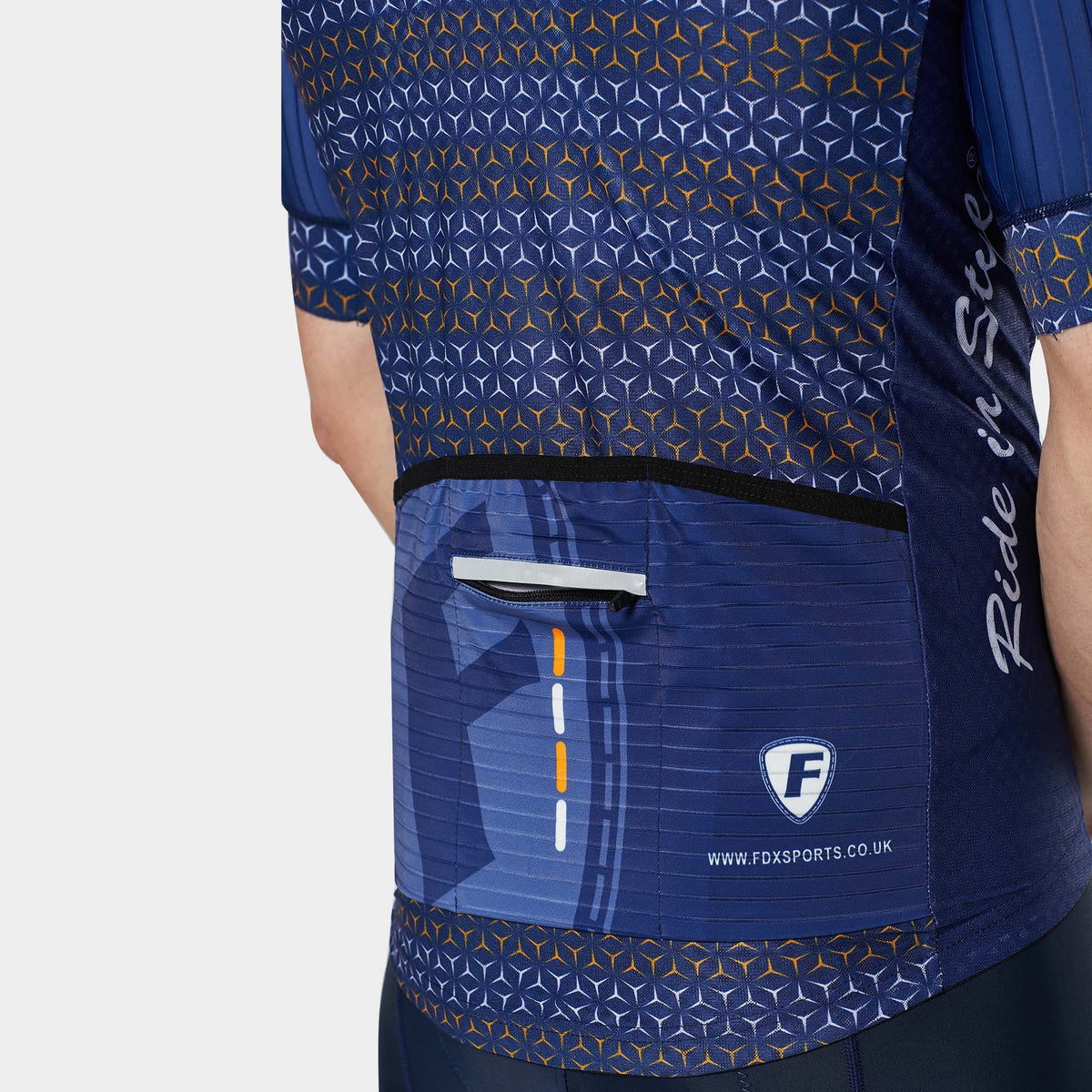 Fdx Mens Pockets Reflective Blue Short Sleeve Cycling Jersey for Summer Best Road Bike Wear Top Light Weight, Full Zipper, Pockets & Hi-viz Reflectors - Vega