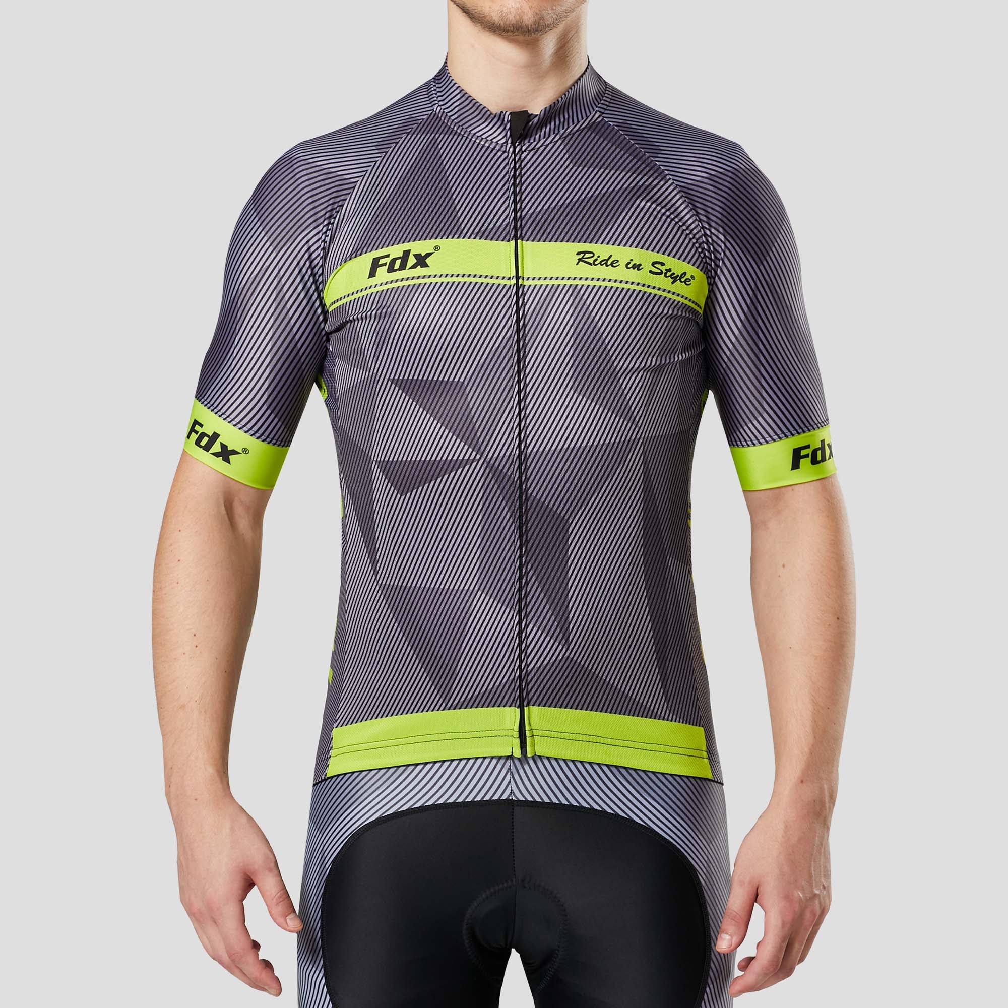 Fdx Mens Yellow & Grey Short Sleeve Cycling Jersey for Summer Best Road Bike Wear Top Light Weight, Full Zipper, Pockets & Hi-viz Reflectors - Splinter
